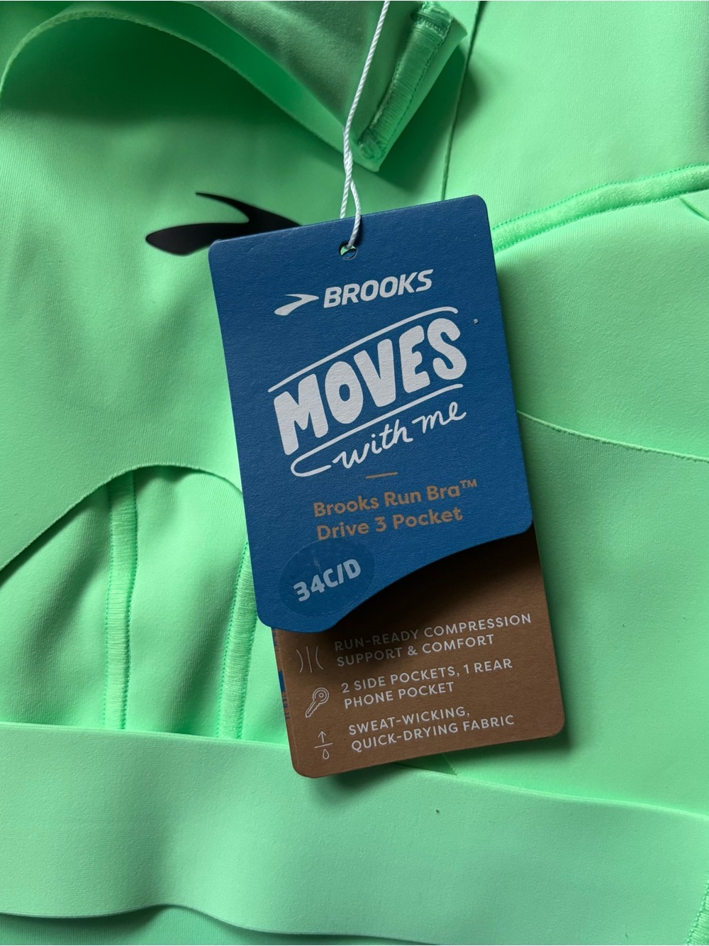 NWT Brooks Drive 3 Pocket Run Sports Bra Padded Neon Green Size 34C/D Women's - Picture 5 of 6
